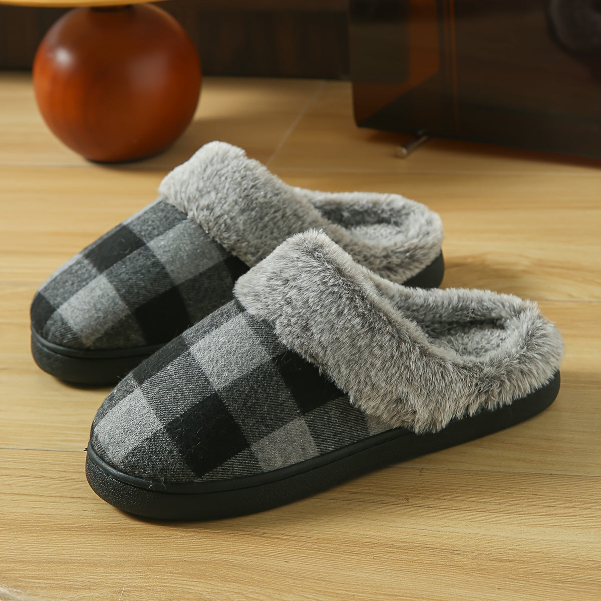 Cozy Plaid Fuzzy Slippers for Women - Thick, Warm & Non-Slip Indoor/Outdoor Shoes with Soft Fabric Lining